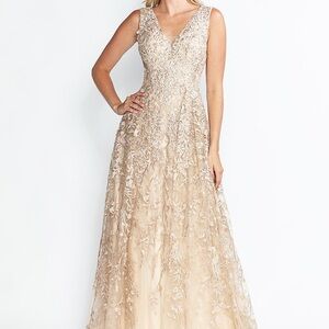 Lenovia dress formal lace wedding embroidered Gown “champagne gold” V-Neck M NWT